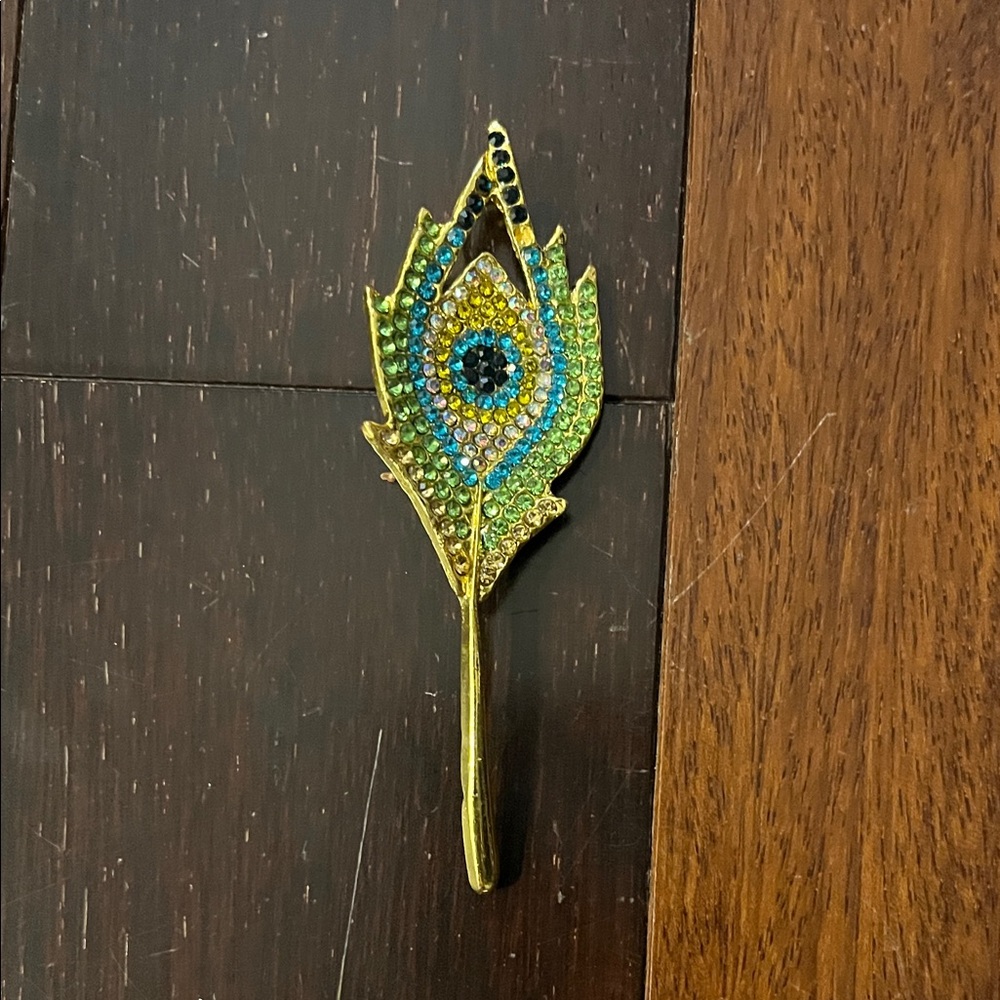 Peacock Feather Brooch with Blue and Green Crystals